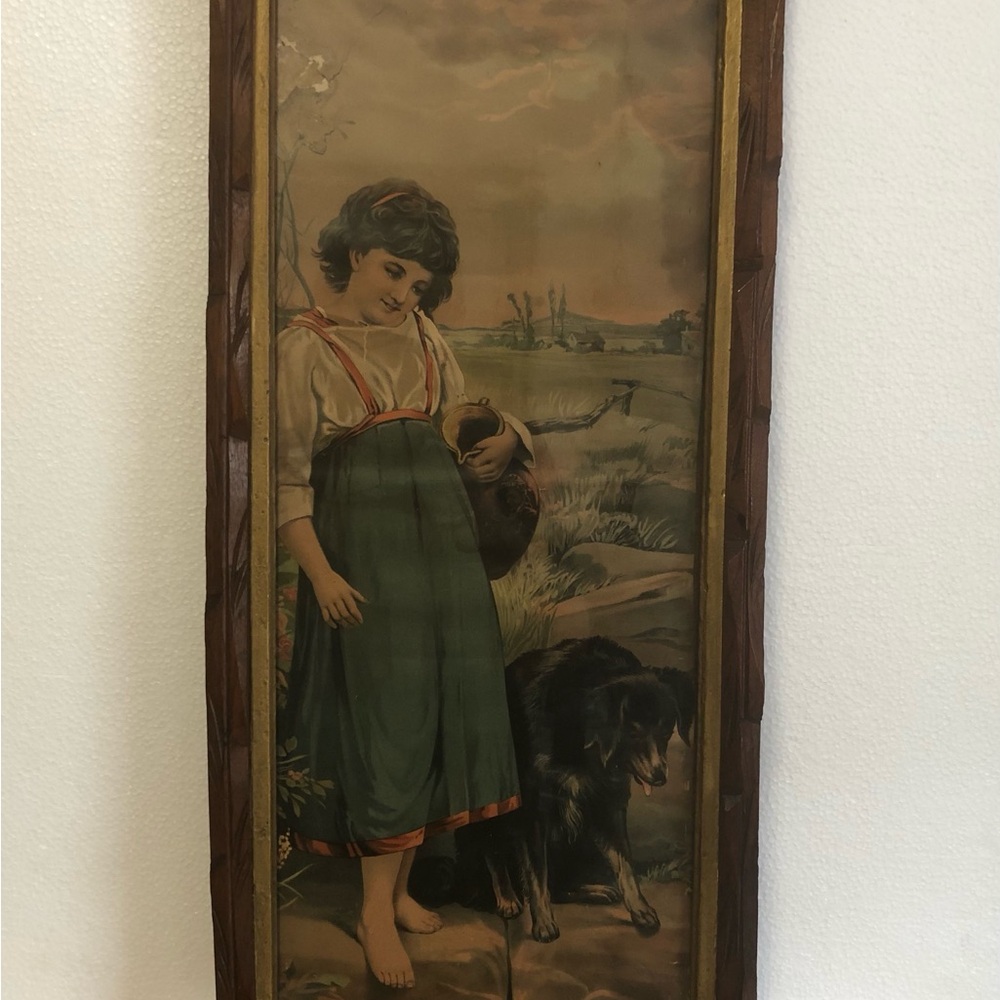 Antique “Cottage Girl With Dog And Jug"  Framed Rustic Art Work